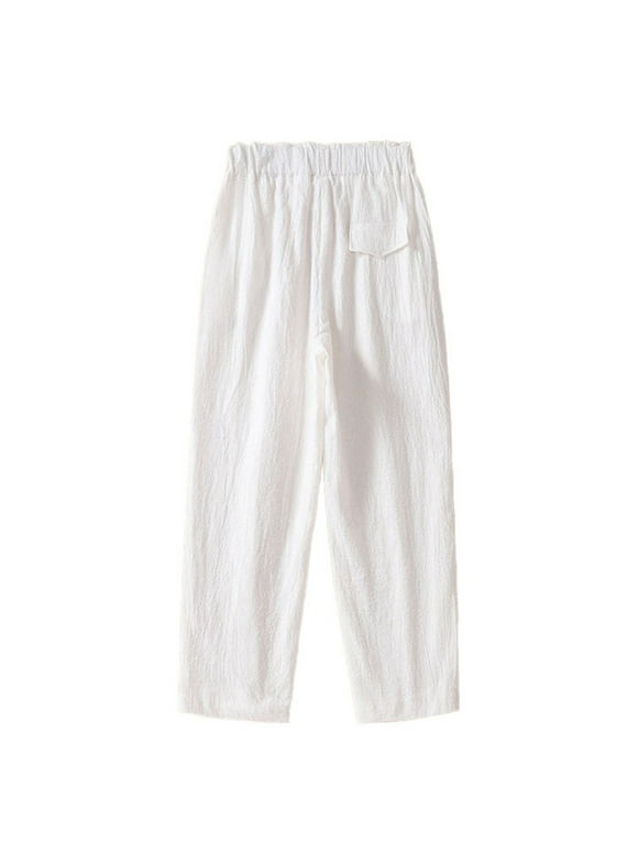 Women's Summer Cropped Loose Slit Slacks, Polyester, Elastic Waist, Suitable for Casual & Various Occasions