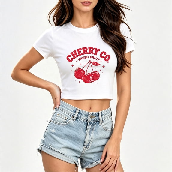 Women's Summer Cropped T Shirts Red Cherry Graphic Print tees Short Sleeve Casual Crop Tops