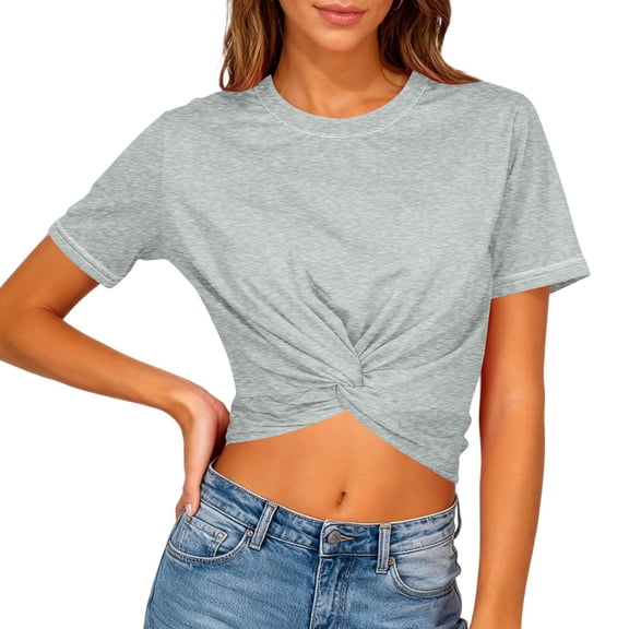 Women's Summer Cropped Tops Short Sleeve Casual Workout Shirt Blouses Sports T-Shirt Gray S
