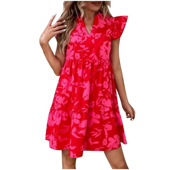 Women's Summer Cute Babydoll Dresses 2024 Boho Ruffle Sleeveless V Neck Beach Vacation Casual Mini Dress