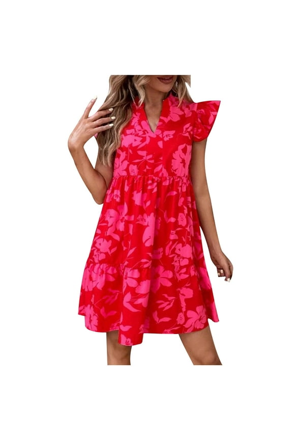 Women's Summer Cute Babydoll Dresses 2024 Boho Ruffle Sleeveless V Neck Beach Vacation Casual Mini Dress