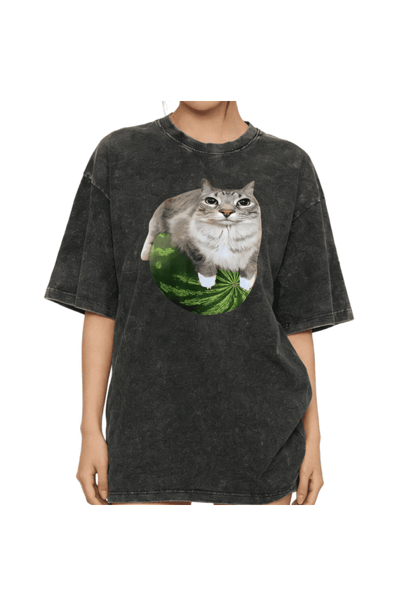 Women's Summer Cute Cat on Watermelon Funny Pet Lover Graphic for Daily Wear Casual Washed T Shirt Black S-2XL Plus Size