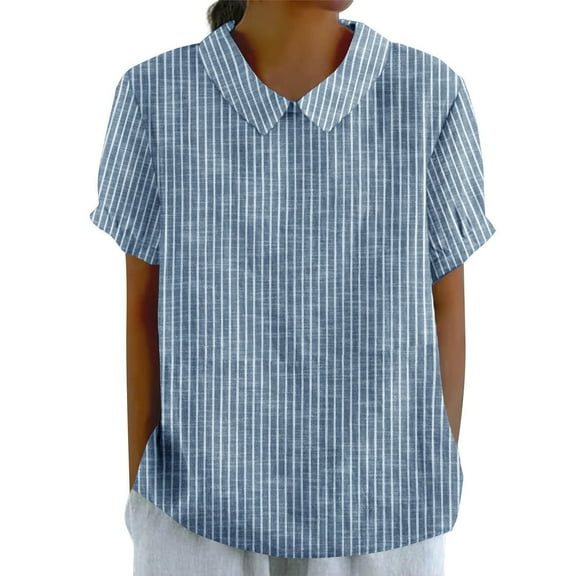 Women's Summer Cute Cotton Linen Boho Graphic Lapel Shirts Plus Size Lightweight Short Sleeve Dressy Casual Blouses