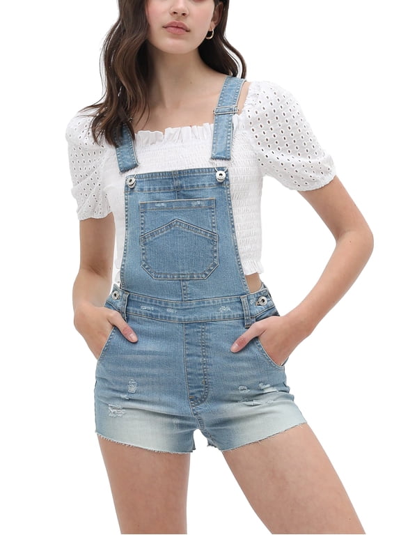 Women’s Summer Cute Denim Romper Overall Shorts – Distressed Raw Edge Hem Bib Shortalls