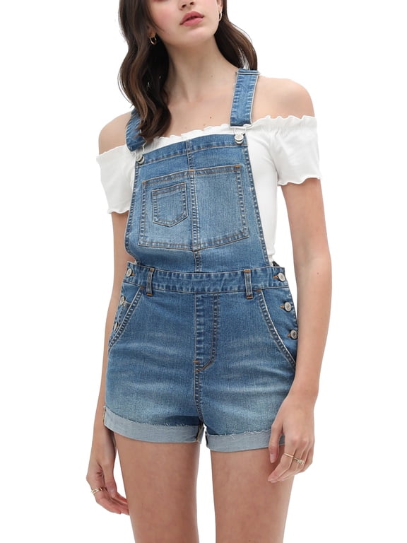 Women’s Summer Cute Denim Romper Overall Shorts – Distressed Rolled Hem Bib Shortalls
