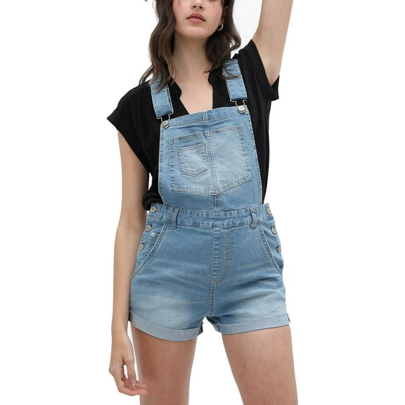 Women’s Summer Cute Denim Romper Overall Shorts –  Distressed Rolled Hem Bib Shortalls