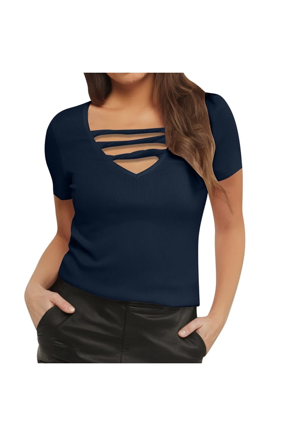 Women's Summer Deep V Neck Tops Sexy Casual Short Sleeve Low Cut Out T Shirts Blouse in Polyester for Various Occasions