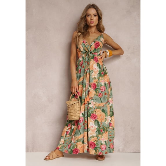 Women's Summer Deep V Sexy Spaghetti Strap Sleeveless Printed Ruffle Backless Dress