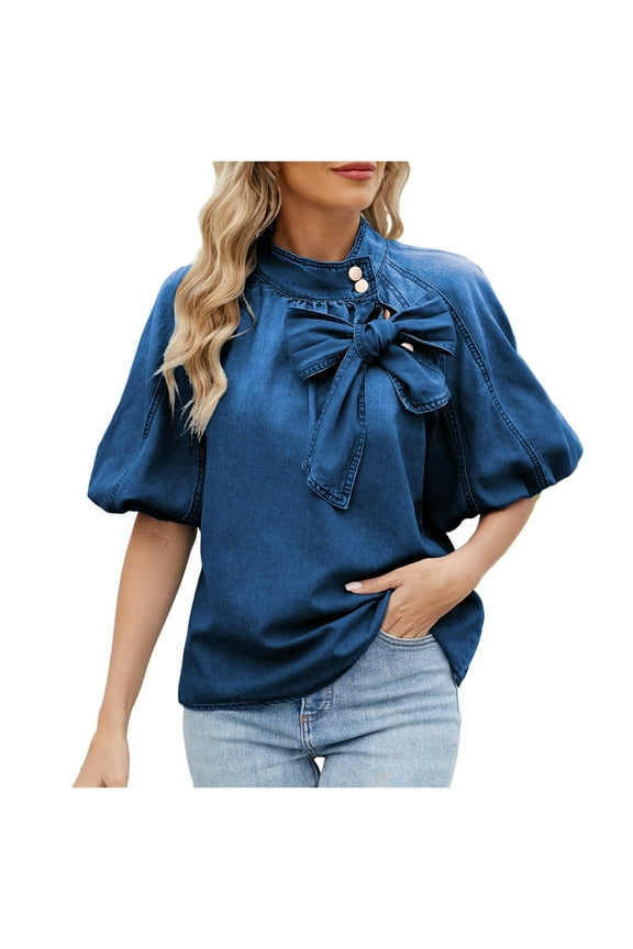 Women's Summer Denim Blouses Mock Neck Tie Knot Button Puff Half Sleeve Shirts Loose Fit Casual Vintage Tops (L, Blue)