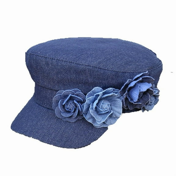 Women's Summer Denim Flat Top Hat With Three Contrasting Color Flowers Fashionable And Face Enhancing Small Beret