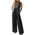 thumbnail image 1 of Women's Summer Denim Jumpsuit Sleeveless Wide Leg Overalls Baggy Pleated Tie Front Tank Jean Romper, XS, 1 of 3