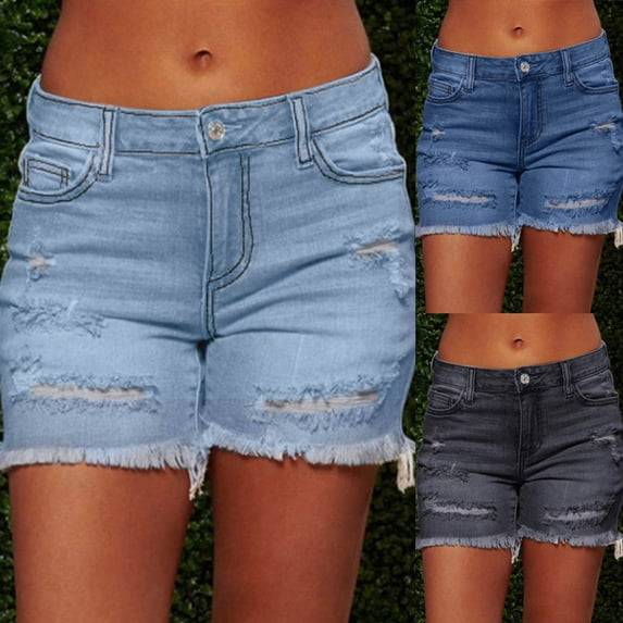 Women's Summer Denim Shorts Light Wash Distressed Mid Waisted Frayed Hem Ripped Jean Shorts Casual Hot Pants Blue S