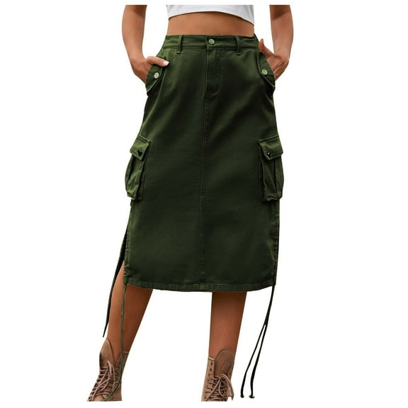 ZQUUVOU Women's Summer Denim Work Dress Pocket Skirt Casual Mid-Length Skirt Olive Green