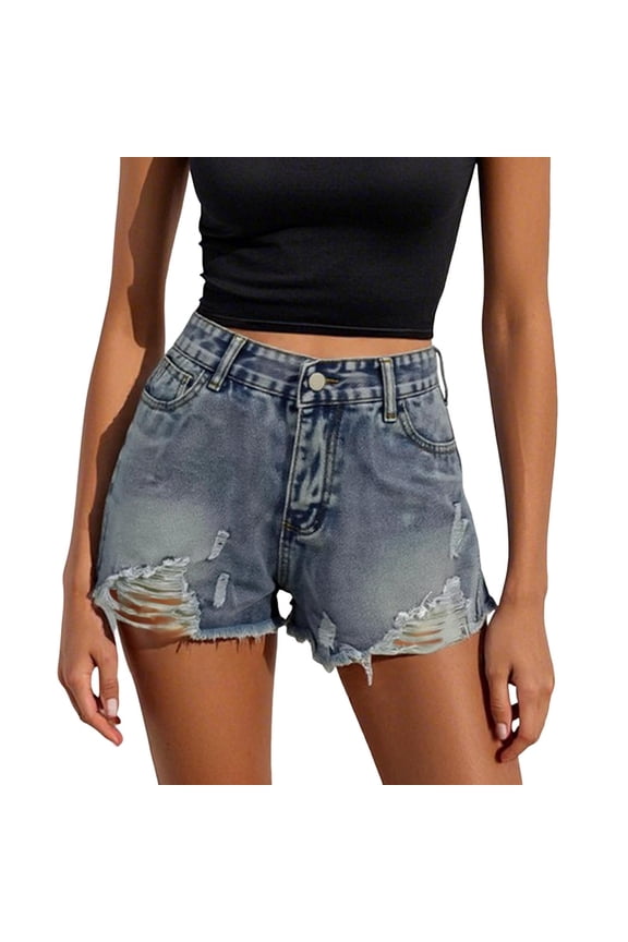 Women's Summer Distressed Denim Shorts - Sexy Hole Print Slim Fit High Waist Jeans Shorts - S-L
