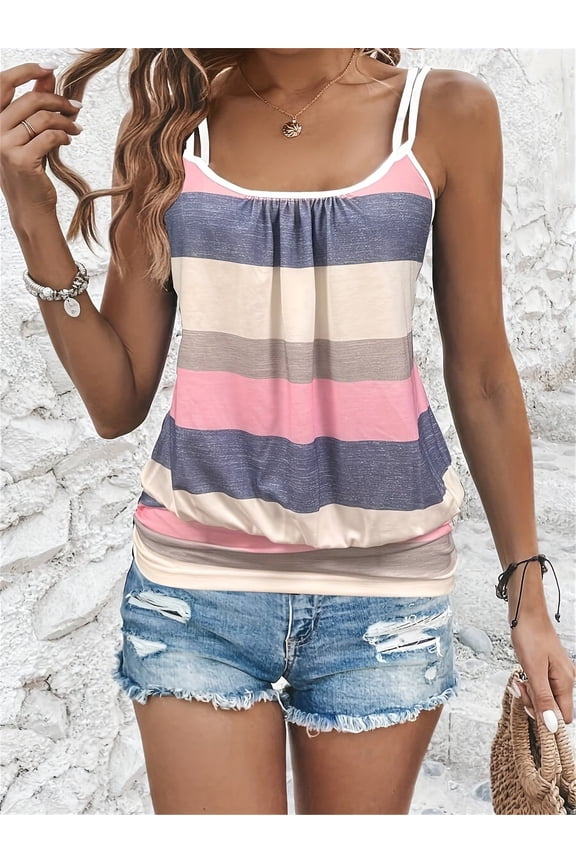 Women's Summer Double Strap Striped Tank Tops, Casual Scoop Neck Ruched Loose Fit Camisole, Soft Breathable Sleeveless Blouse, Machine Washable Basic Tee for Daily Vacation Wear