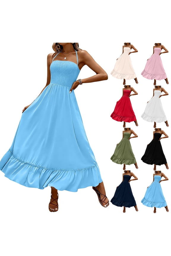 Women's Summer Drawstring Spaghetti Strap Maxi Dress Solid Square Neck Sleeveless Smocked A Line Flowy Beach Dress White