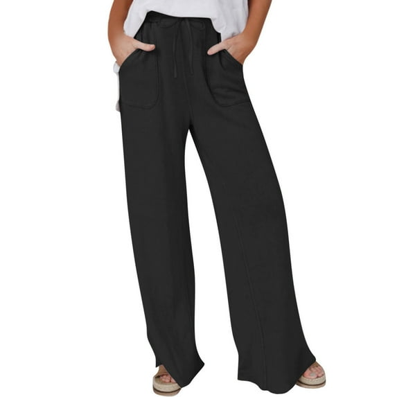 Women's Summer Drawstring Waist Wide Leg Loose Cotton Linen Palazzo Pants Trendy Casual Solid Straight Beach Trouser