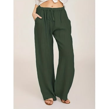 Women's Summer Drawstring Waist Wide Leg Loose Cotton Linen Palazzo Pants Wide Leg Casual Loose Drawstring High Waist Pants with Pockets Green M