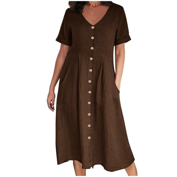 Women's Summer Dress 2025 Fashion Women Summer Casual V-Neck Solid Short Sleeve Button Pocket Cotton Linen Dress Coffee Xxl