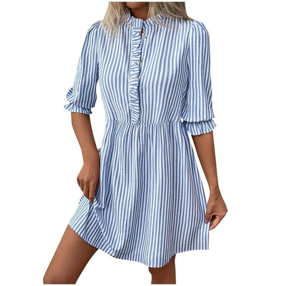 Women's Summer Dress 2025 Stripe Print Half Sleeve Tshirt Dresses Fall Casual Flowy Crew Neck Loose Mini Dress
