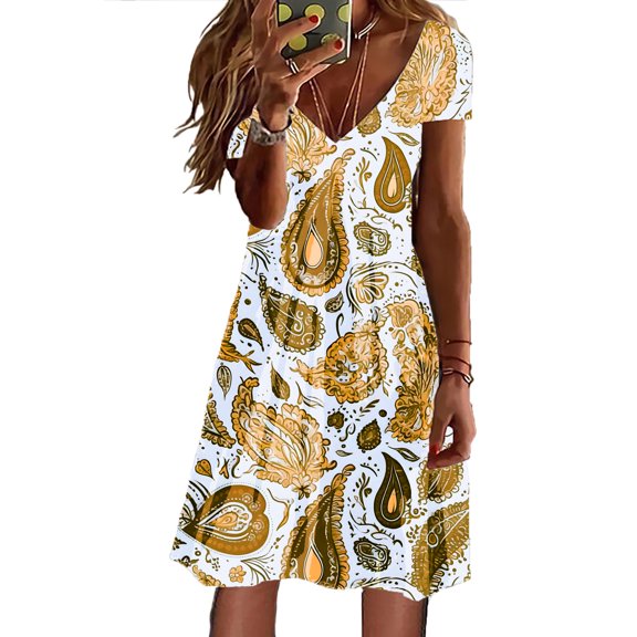 Women's Summer Dress 2025 V Neck Short Sleeve Loose Swing Flowy Casual Comfortable Pockets Plain Print Outfit Womens Casual Trendy Midi Dresses