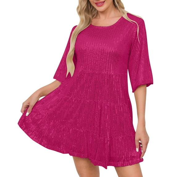 Women's Summer Dress 2025 Womens Solid Color Loose Waist Short Sleeved Skirt Dress Party Sequin Dress Hot Pink M