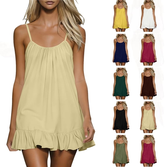 Women's Summer Dress 2026 A-Line Sleeveless Casual Sundress with Pockets Solid Beige L