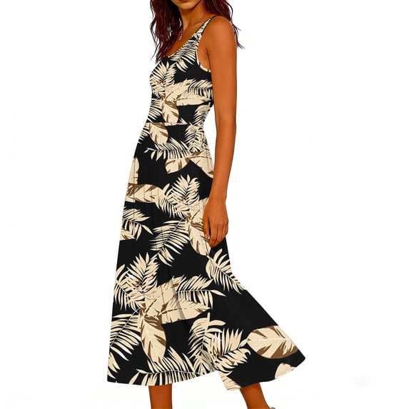 Women's Summer Dress A-Line Sleeveless Casual Flowy Long Sundress with Pockets Floral/Solid