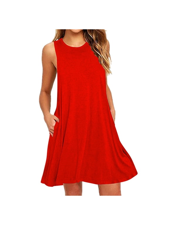 Women's Summer Dress Casual Beach Sundress Stretchy Tank Dress with Pockets
