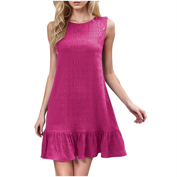 Gpaecead Women's Summer Dress Casual Solid Color Crew-Neck Sleeveless Sundress Hot Pink