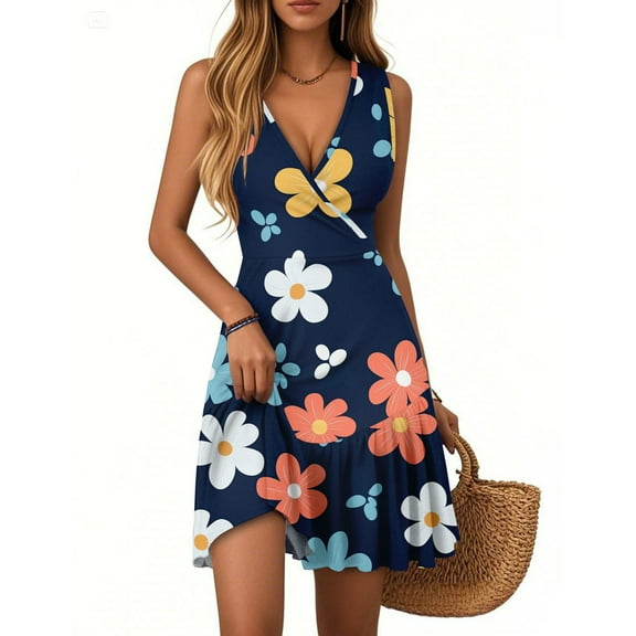 Women's Summer Dress Deep V-Neck Sleeveless Casual Floral Print Pleated Hem Dress A-Line Ruffle Swinging Mini Dress 2025 Trendy