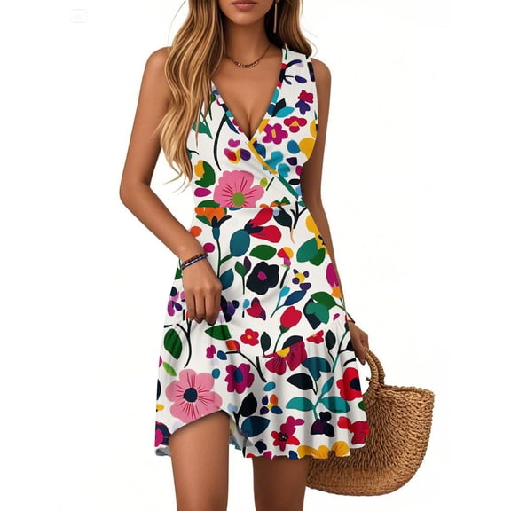 Women's Summer Dress Deep V-Neck Sleeveless Casual Floral Print Pleated Hem Dress A-Line Ruffle Swinging Mini Dress 2025 Trendy