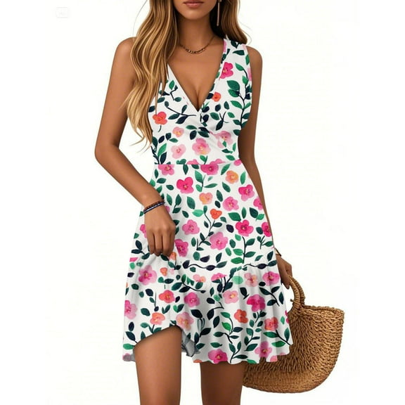 Women's Summer Dress Deep V-Neck Sleeveless Casual Floral Print Pleated Hem Dress A-Line Ruffle Swinging Mini Dress 2025 Trendy