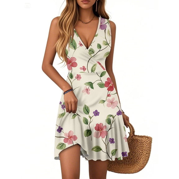 Women's Summer Dress Deep V-Neck Sleeveless Casual Floral Print Pleated Hem Dress A-Line Ruffle Swinging Mini Dress 2025 Trendy