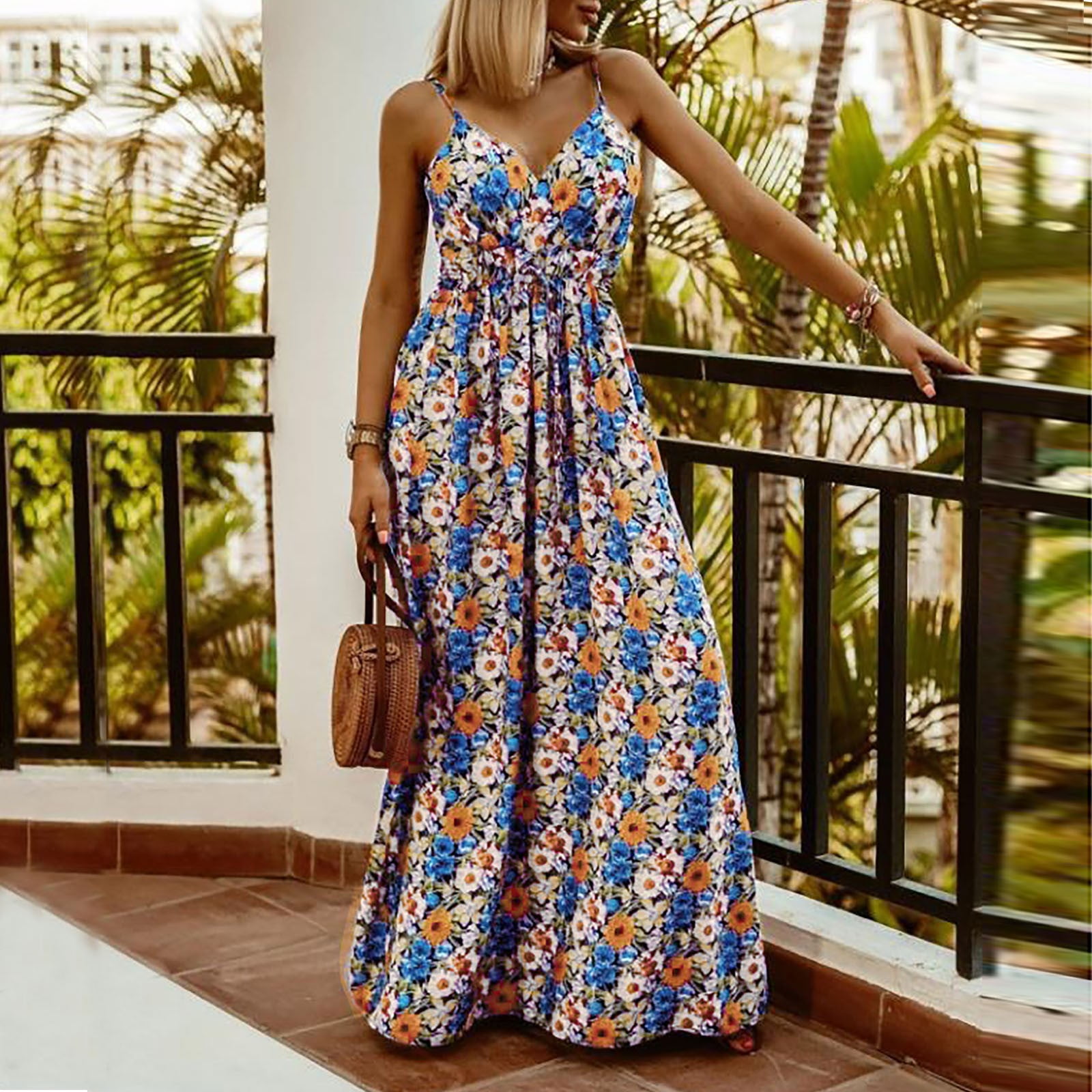 Sanviglor Ladies Long Dress Spaghetti Strap Summer Beach Sundress V Neck  Midi Dresses Irregular Hem Party LQ269-lv XL 