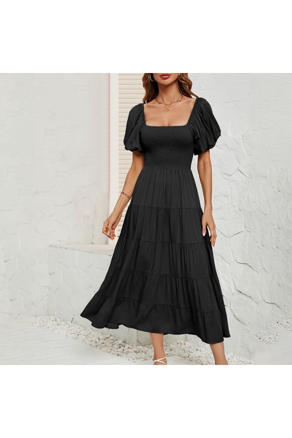Women's Summer Dress, High Waist and Bubble Sleeve Design, Wrapped Waist for a Flattering Fit, Solid Color Short Sleeve Dress