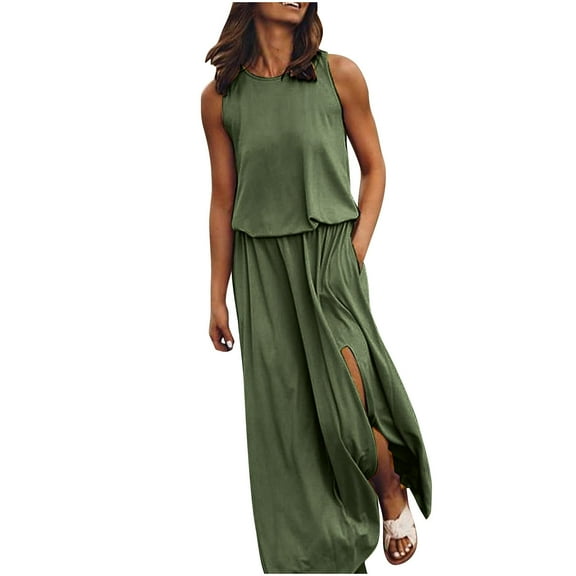 Women's Summer Dress Loose Sleeveless Long Dress Split Maxi Summer Beach Dress with Pockets Hide Belly Work Casual Midi Dresse
