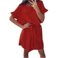 thumbnail image 1 of Women's Summer Dress Loose Waistband Ruffled Sleeved Round Neck Solid Color Dress Short Sleeve Round Neck Dress, Red M, 1 of 5