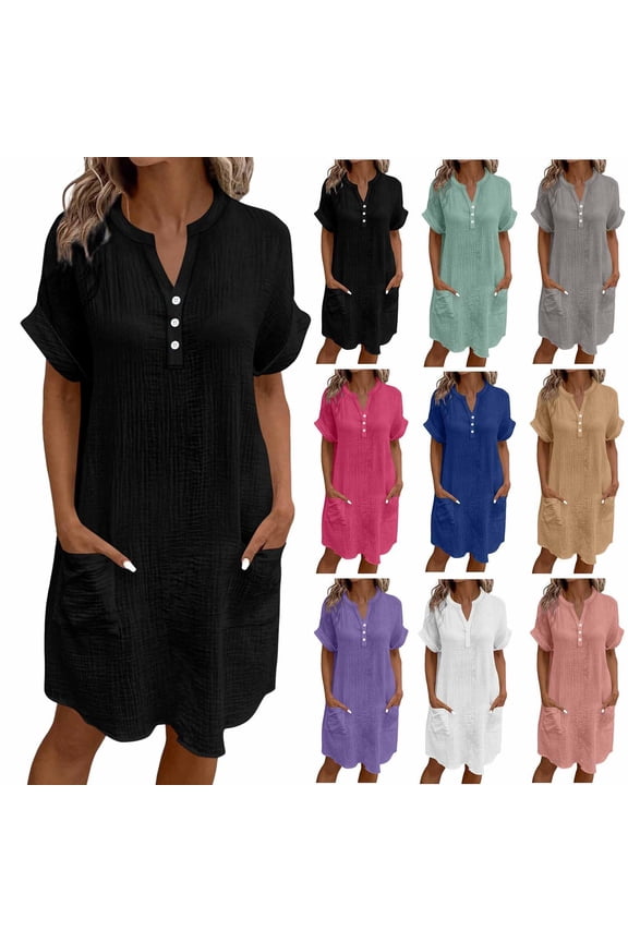 Women's Summer Dress Ndbuld Casual Midi Short Sleeve Button Down Shirt Dresses Loose Beach Cover Up with Pockets,Black ,Size XXL