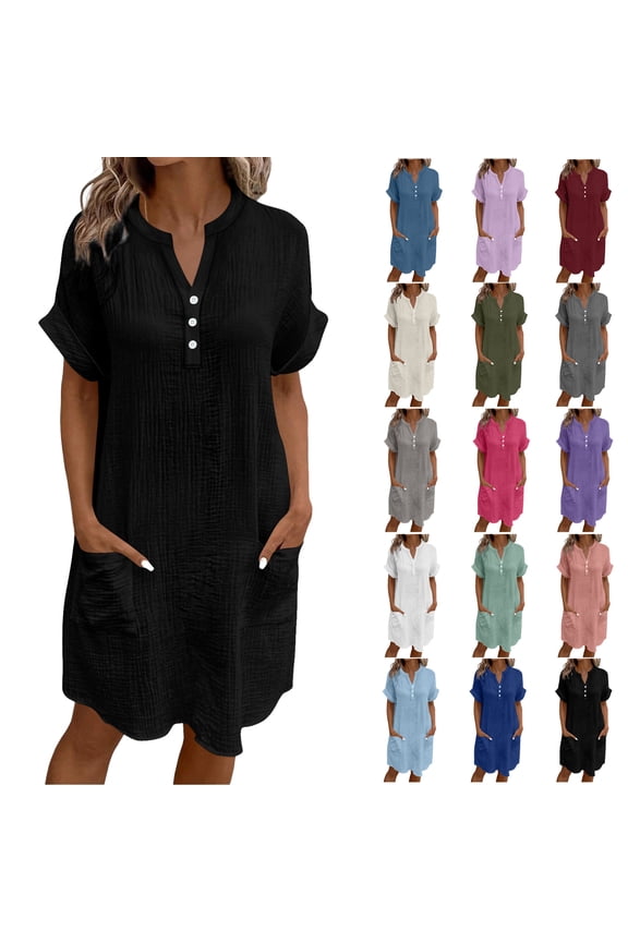 Women's Summer Dress Ndbuld Casual Midi Short Sleeve Button Down Shirt Dresses Loose Beach Cover Up with Pockets,Black ,Size XXL