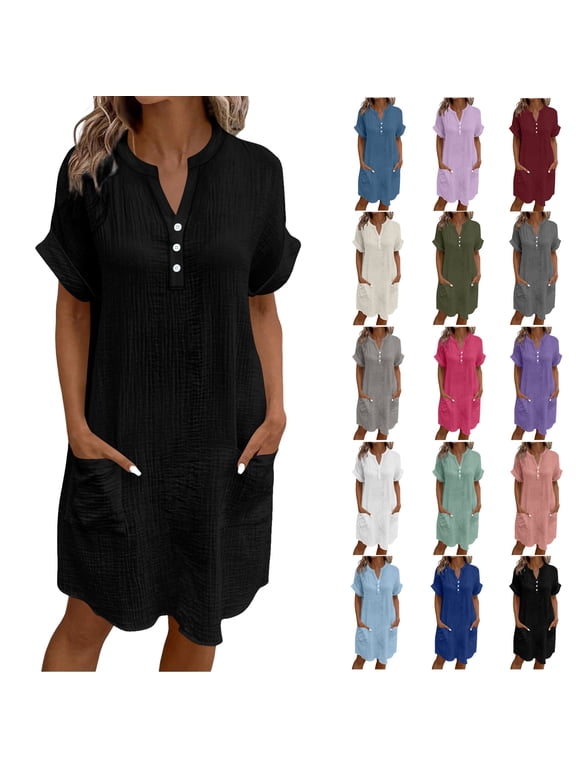 Women's Summer Dress Ndbuld Casual Midi Short Sleeve Button Down Shirt Dresses Loose Beach Cover Up with Pockets,Black ,Size XXL