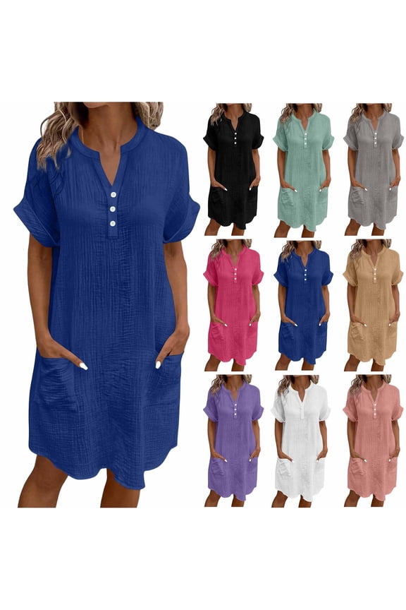 Women's Summer Dress Ndbuld Casual Midi Short Sleeve Button Down Shirt Dresses Loose Beach Cover Up with Pockets,Blue ,Size XL