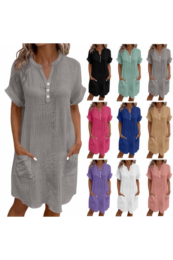 Women's Summer Dress Ndbuld Casual Midi Short Sleeve Button Down Shirt Dresses Loose Beach Cover Up with Pockets,Gray ,Size XXL