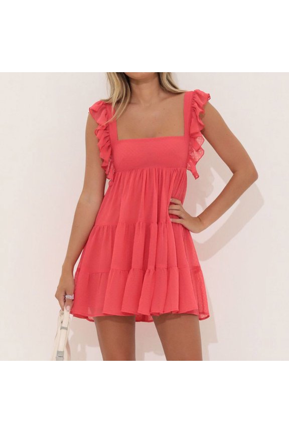 Women's Summer Dress, Off Shoulder Square Neck Sleeveless Mini Dress with Bare Back Tie Detail, Casual Flowy Chiffon Dress