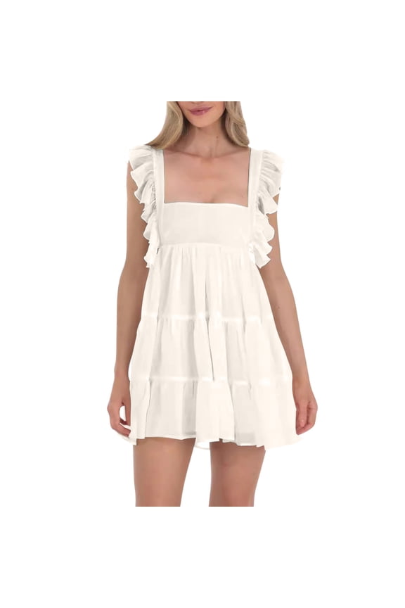 Women's Summer Dress, Off Shoulder Square Neck Sleeveless Mini Dress with Bare Back Tie Detail, Casual Flowy Chiffon Dress