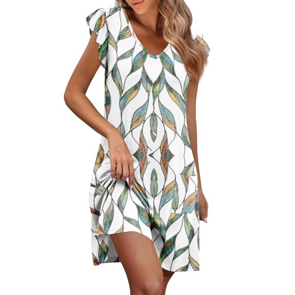 Women's Summer Dress Ruffle Sleeve V-Neck Short Dresses Fashion Casual Floral Print Flowy A Line Swing Sundress With Pocket