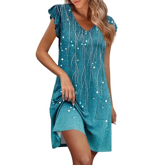 Women's Summer Dress Ruffle Sleeve V-Neck Short Dresses Fashion Casual Floral Print Flowy A Line Swing Sundress With Pocket