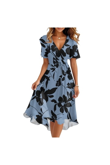 chinese dress ladies Womens Dresses 2025 3/4 Sleeve Midi Dress Casual Crew Neck High Waist Flowy  A-line Wrap Swing Flare Dress Black Small at Amazon Women's Clothing store main image 0
