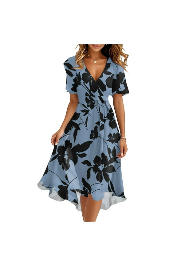 Women's Summer Dress Sexy V Neck Casual Wear To Work Dresses Short Sleeve Smocked Flared Flowy Beach Boho Midi Floral Dress,Dark Blue XL