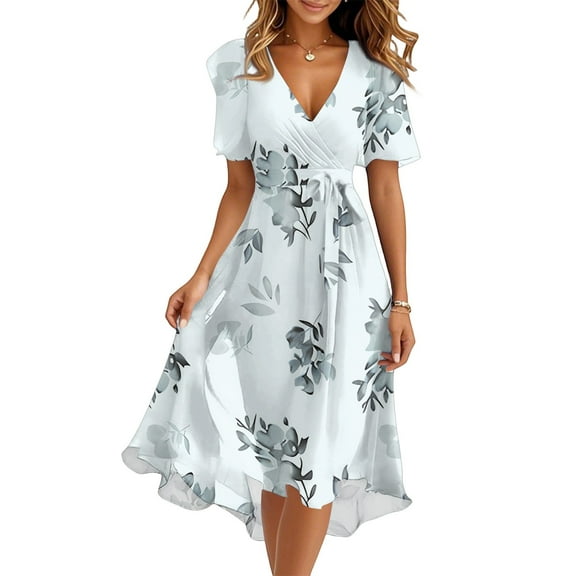 Women's Summer Dress Sexy V Neck Casual Wear To Work Dresses Short Sleeve Smocked Flared Flowy Beach Boho Midi Floral Dress,Light Blue L